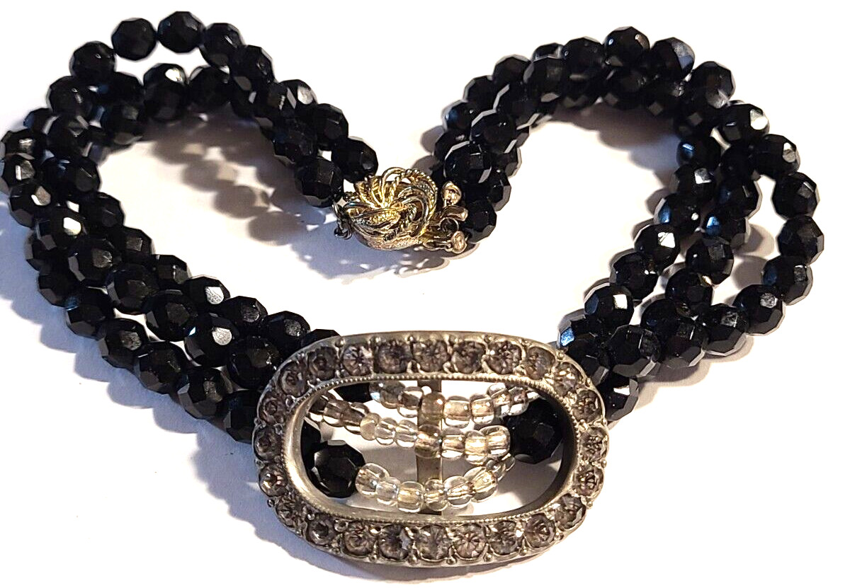 VINTAGE STUNNING 3 STRAND BLACK FACETED GLASS SIGNED SILVERITE NECKLACE