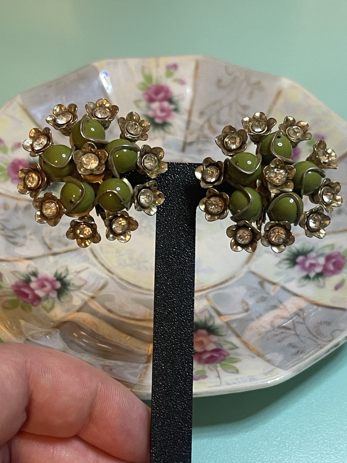 Vintage Olive Green Rhinestone Floral Motif Beaded Cluster Clip On Earrings