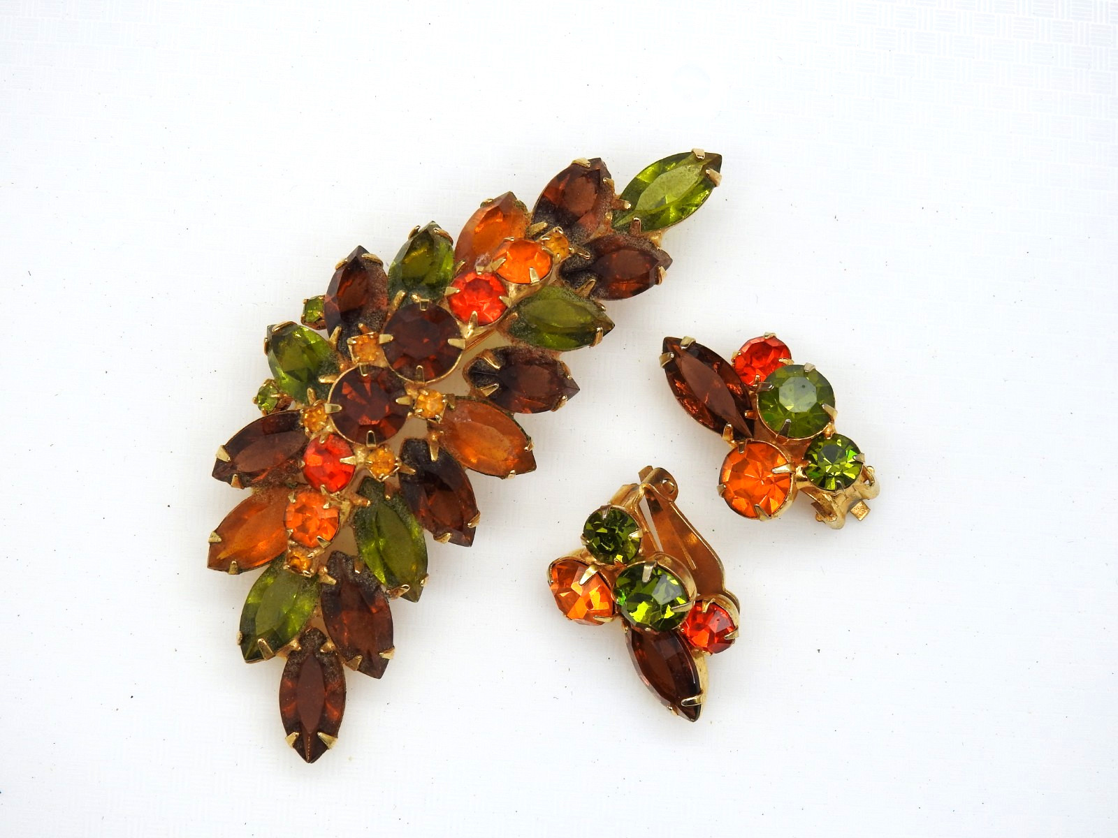 Juliana Rhinestone Brooch Clip Earrings Set Fall Colors Demi Parure Vintage