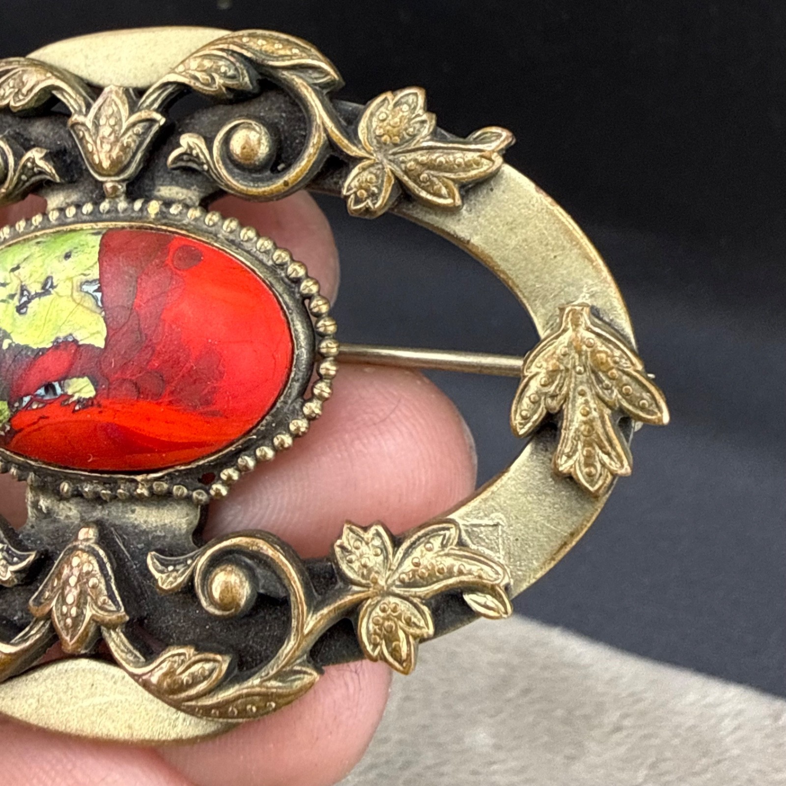 Vintage Victorian Czech Foil Art Glass Brooch Sash Pin Red Green