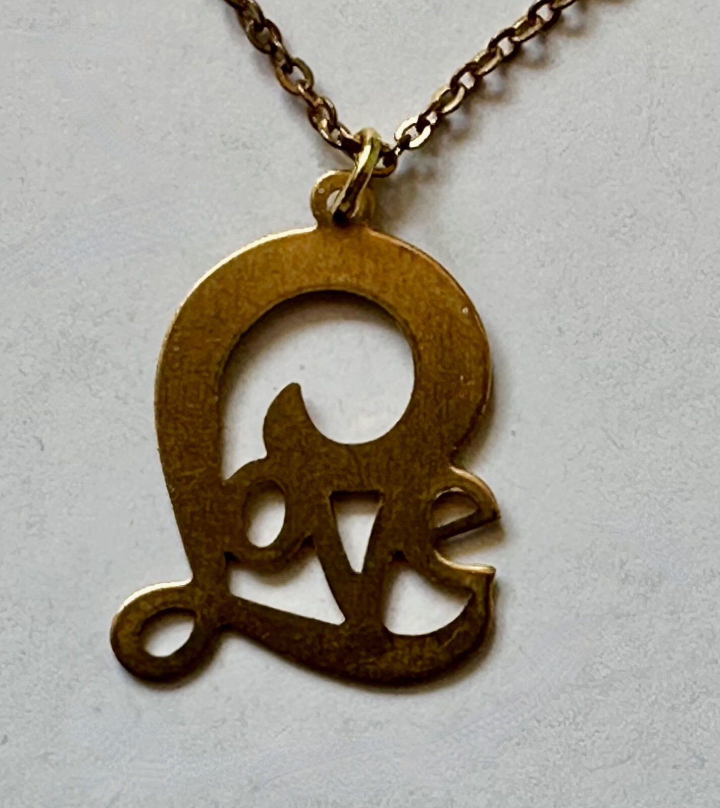 Love Vintage love word brass charm pendant 1 ” necklace 18″