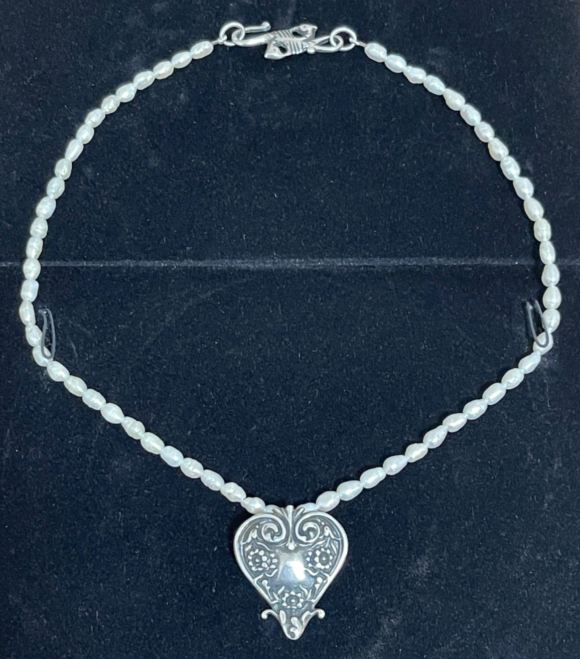 Rare T FOREE Sterling Heart Pendant & “Fish Hook” Clasp Pearl Necklace
