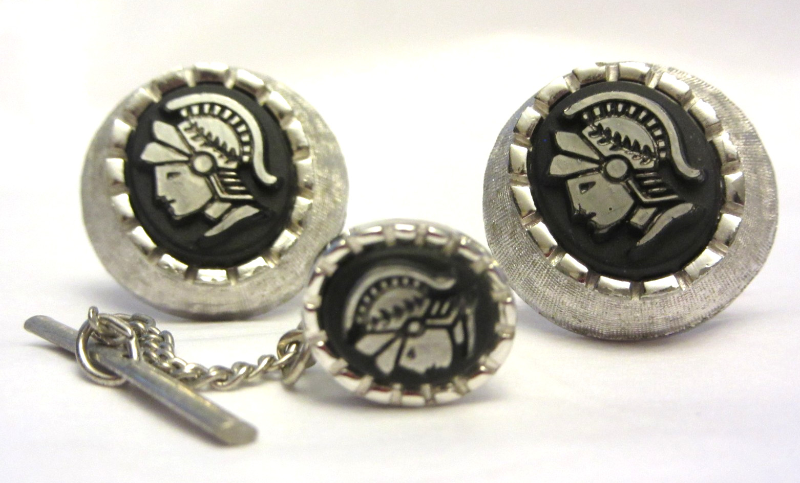 VTG Mens SWANK Warrior Roman Soldier Cufflinks -Tie Tack Set Silver Tone & Black