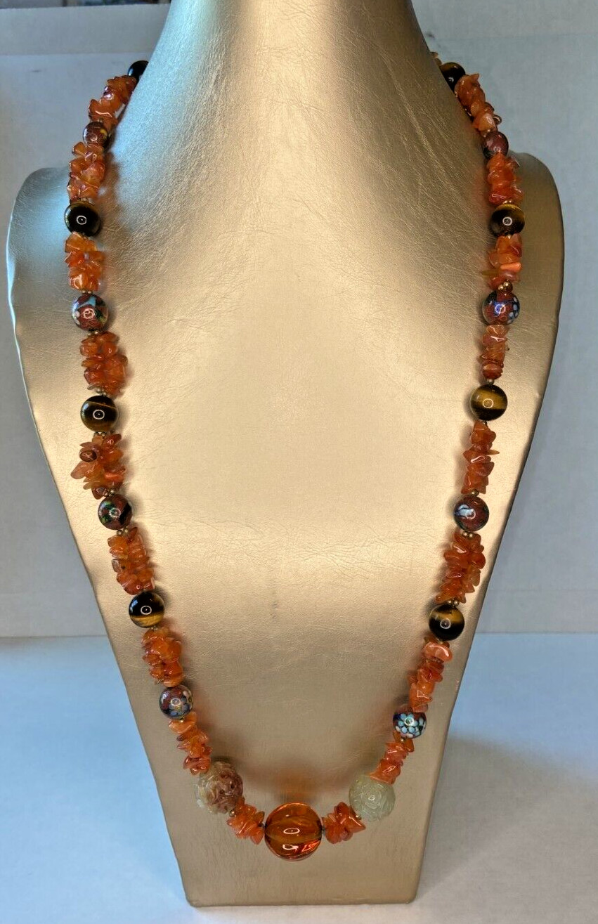 VTG Chinese Carved Jade Balls, Tiger’s Eye, Cloisonne & Carnelian Stone Necklace