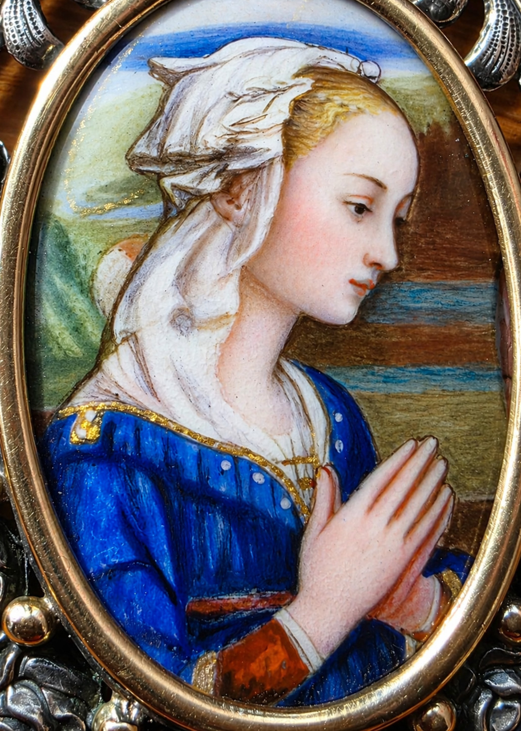 Antique Art Nouveau Silver & 18K Gold Enamel Virgin Pendant Hand Painted Medal