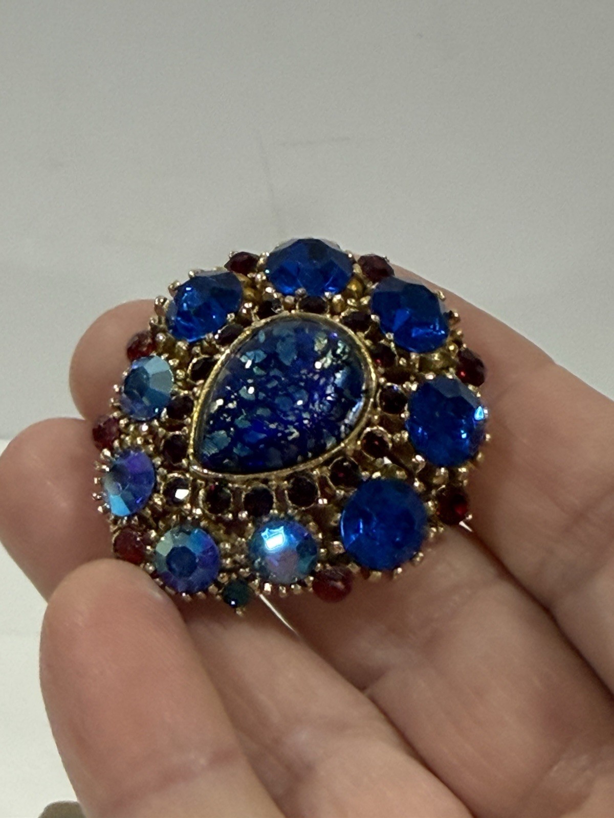 Vintage Brooch Center Teardrop Colbalt Blue AB Rhinestone Ruby Red Accent Stones