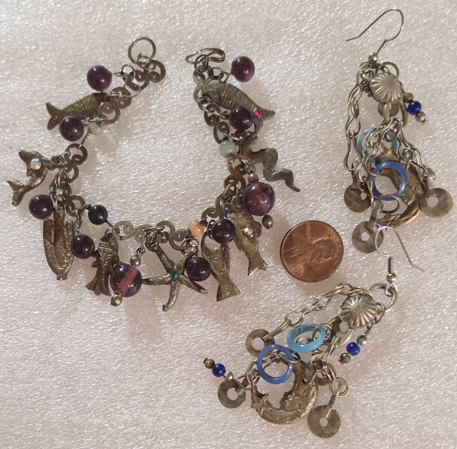 Vintage Folk Art Figural Charm Bracelet & Drop Dangle Pierced Earrings
