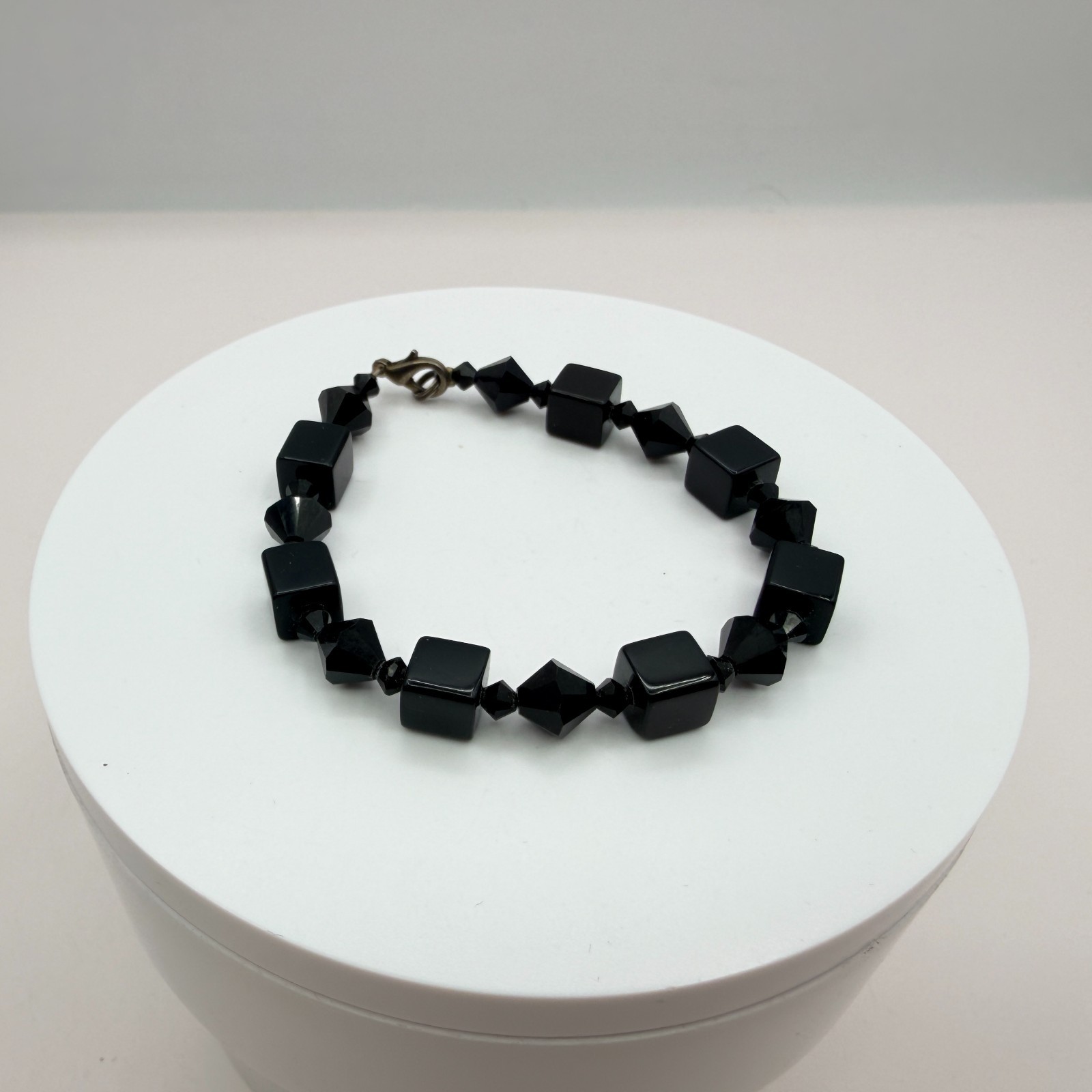 Vintage Black Beaded Bracelet Dangle Earrings Set Gunmetal Tone Geometric Goth