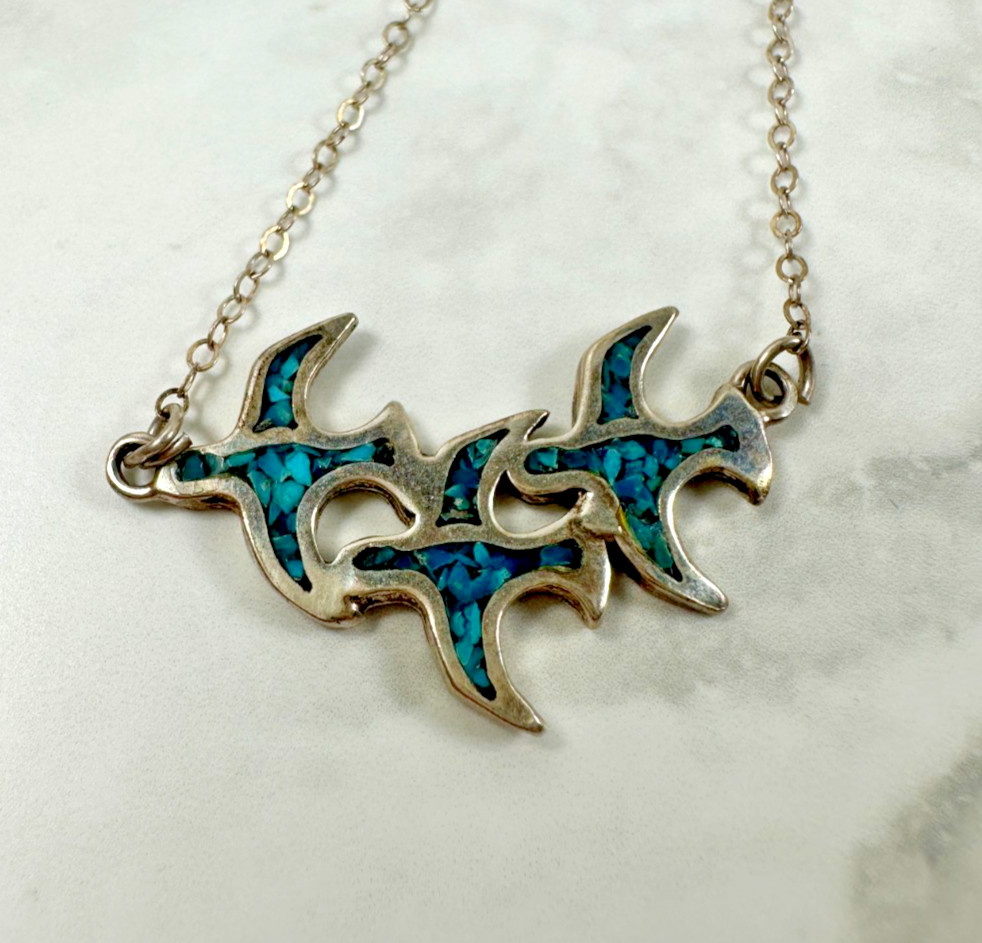 Sterling Silver Southwest Necklace-3 Flying Birds w/ Turquoise Chip Inlay-14″