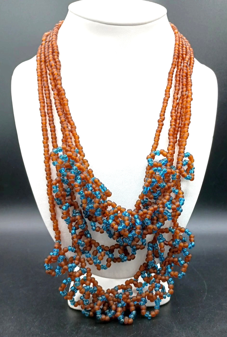 Vintage Seed Bead Necklace Glass Amber Turquoise Color Multi-Strand Artisan 25″