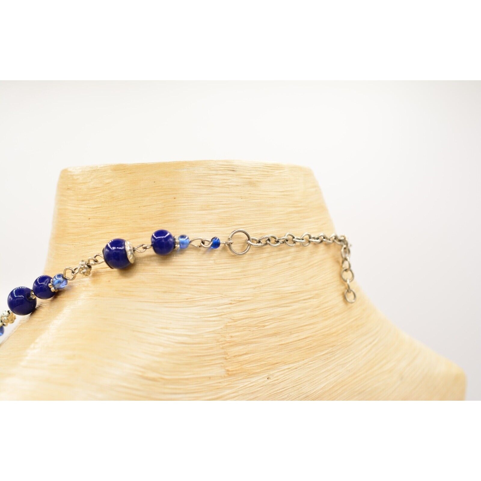 Vintage Beaded Necklace Glass Blue Silver Evil Eye Mediterranean Fringe 1990s 9A