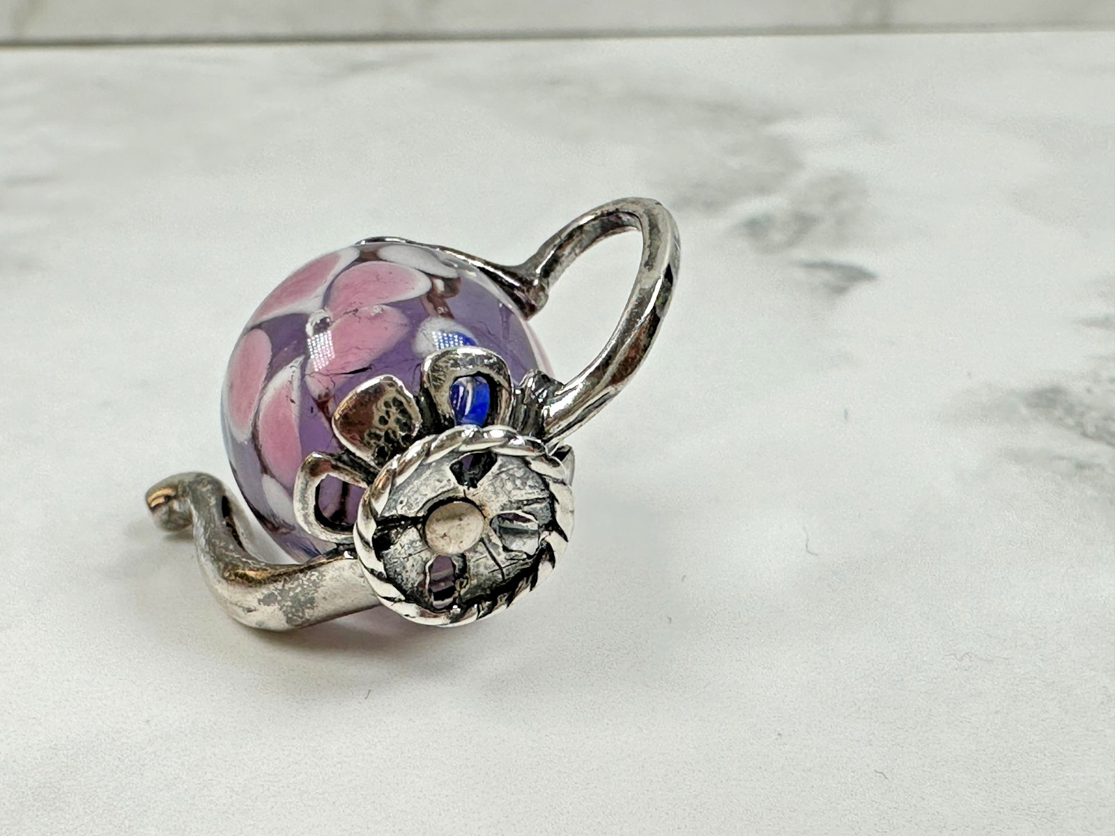Sterling Silver Floral Pink, Purple, Blue Enamel Mini Teapot Charm – 3/4″