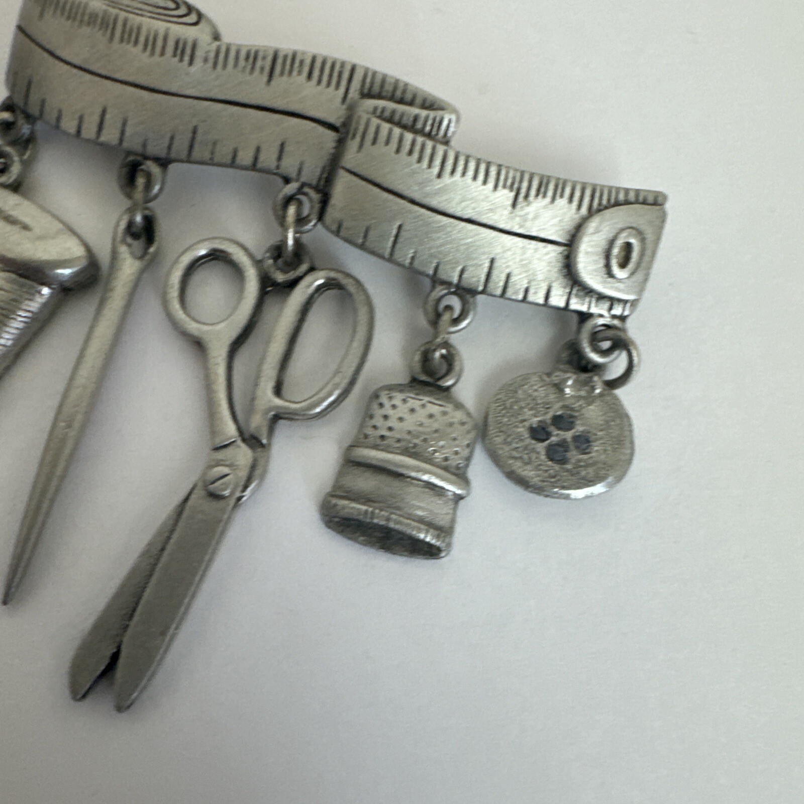 JJ Sewing Brooch Pewter Tape Measure With 5 Dangles