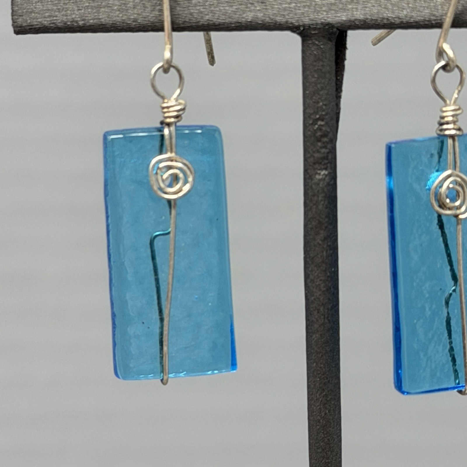 Blue Glass Bead Earrings Wire Wrapped Rectangle Dangle Drop Pierced Bohemian