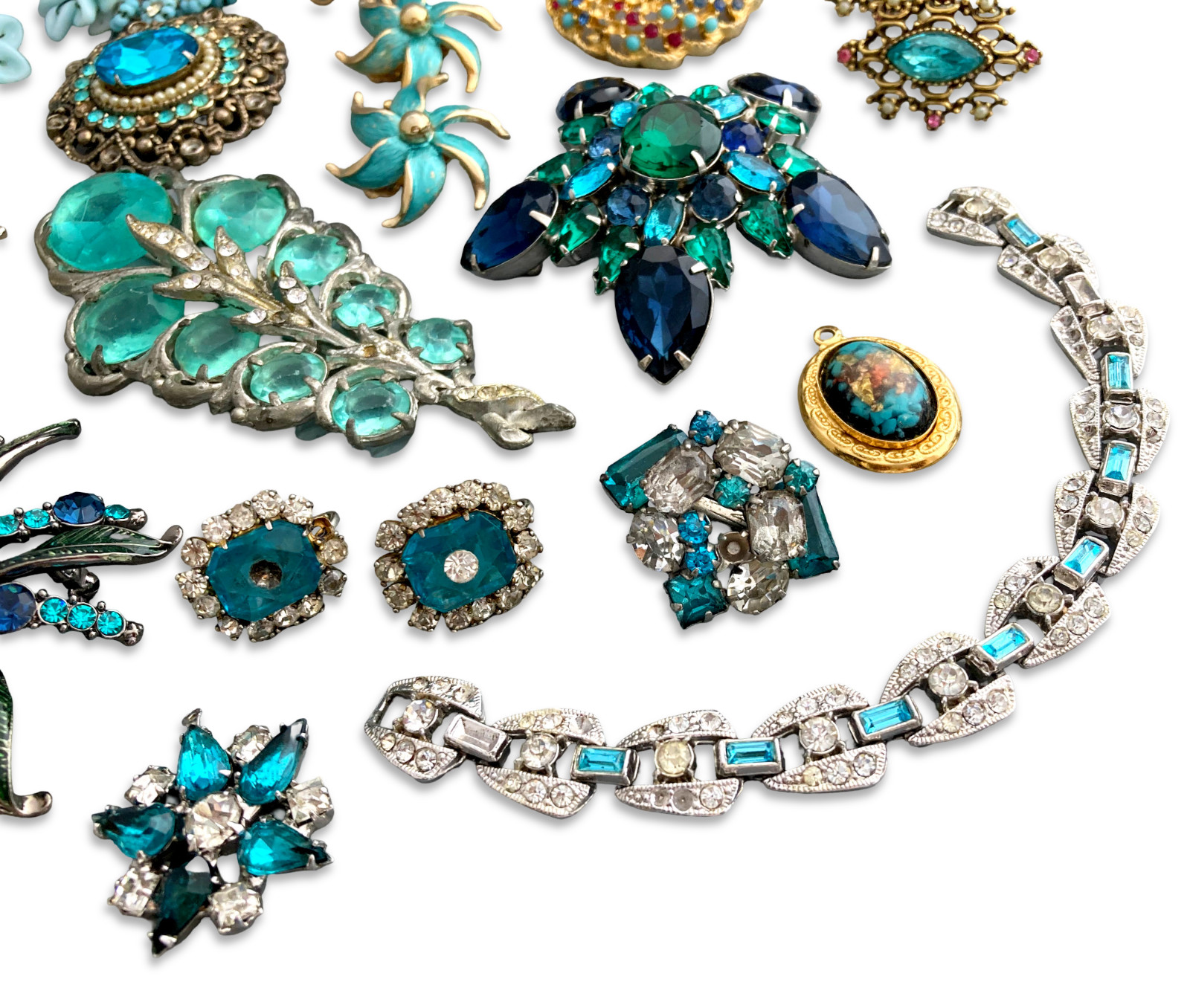 Vintage Blue Rhinestone Costume Jewelry Repair Lot, Brooch Earrings Bracelet Pin