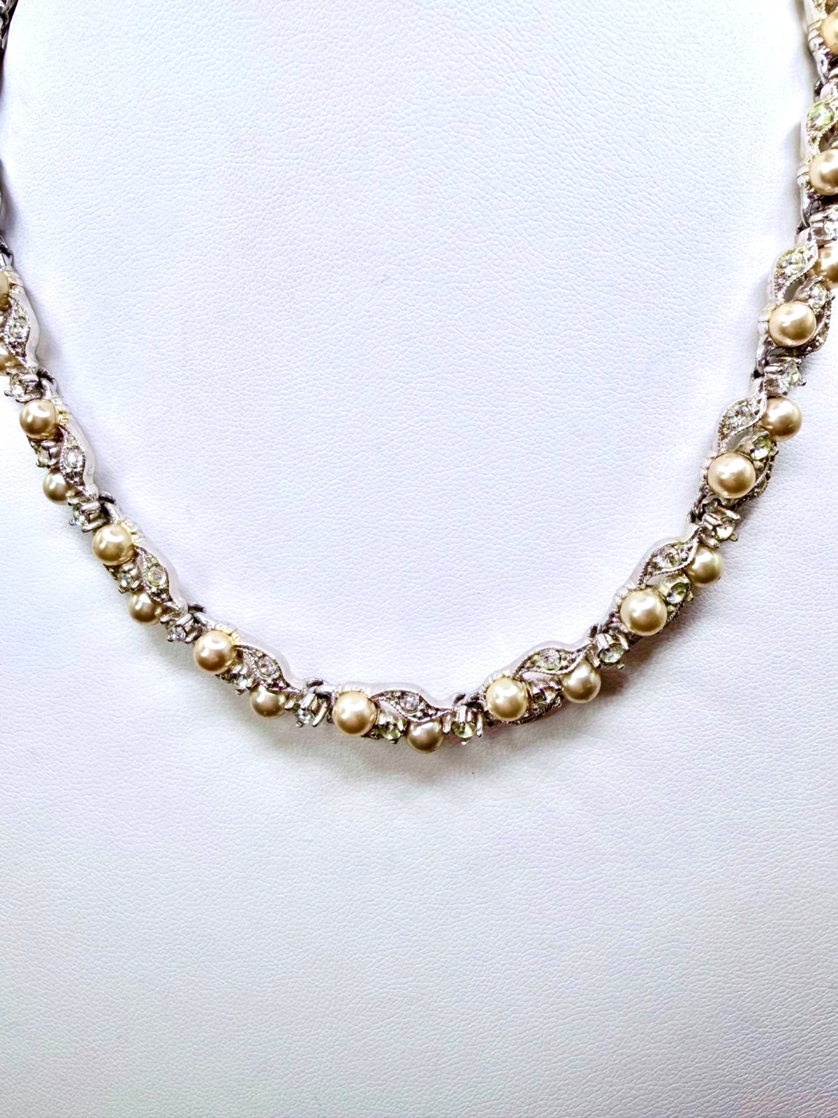 Vintage Bogoff Off White Pearl & Crystal Choker Necklace, Rhodium Plated, 1950s