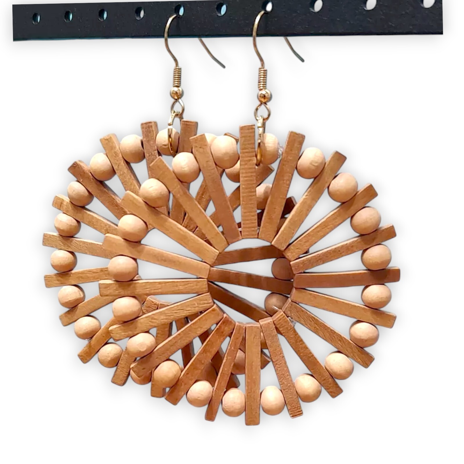 VTG Chunky Boho Natural Wooden Round Earthy Extra Large Statement Earrings 2.5″