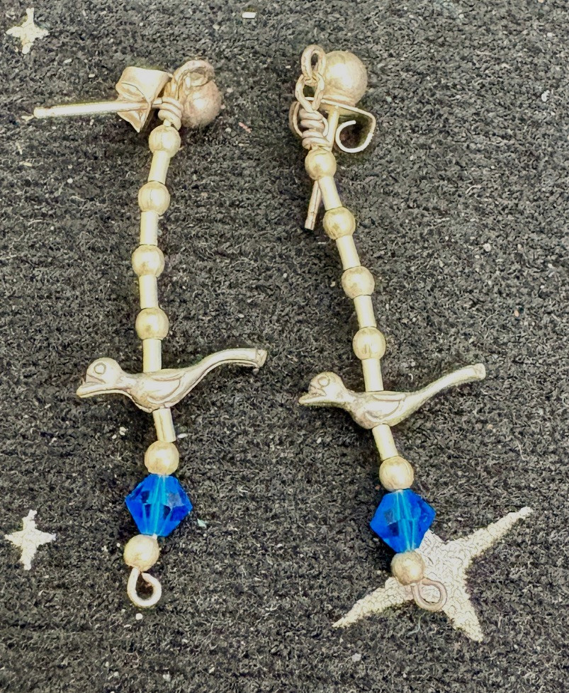 VTG Sterling Silver Earrings Dangle w/A Bird Charm & Blue Crystal Post 1.5″ 1.8G