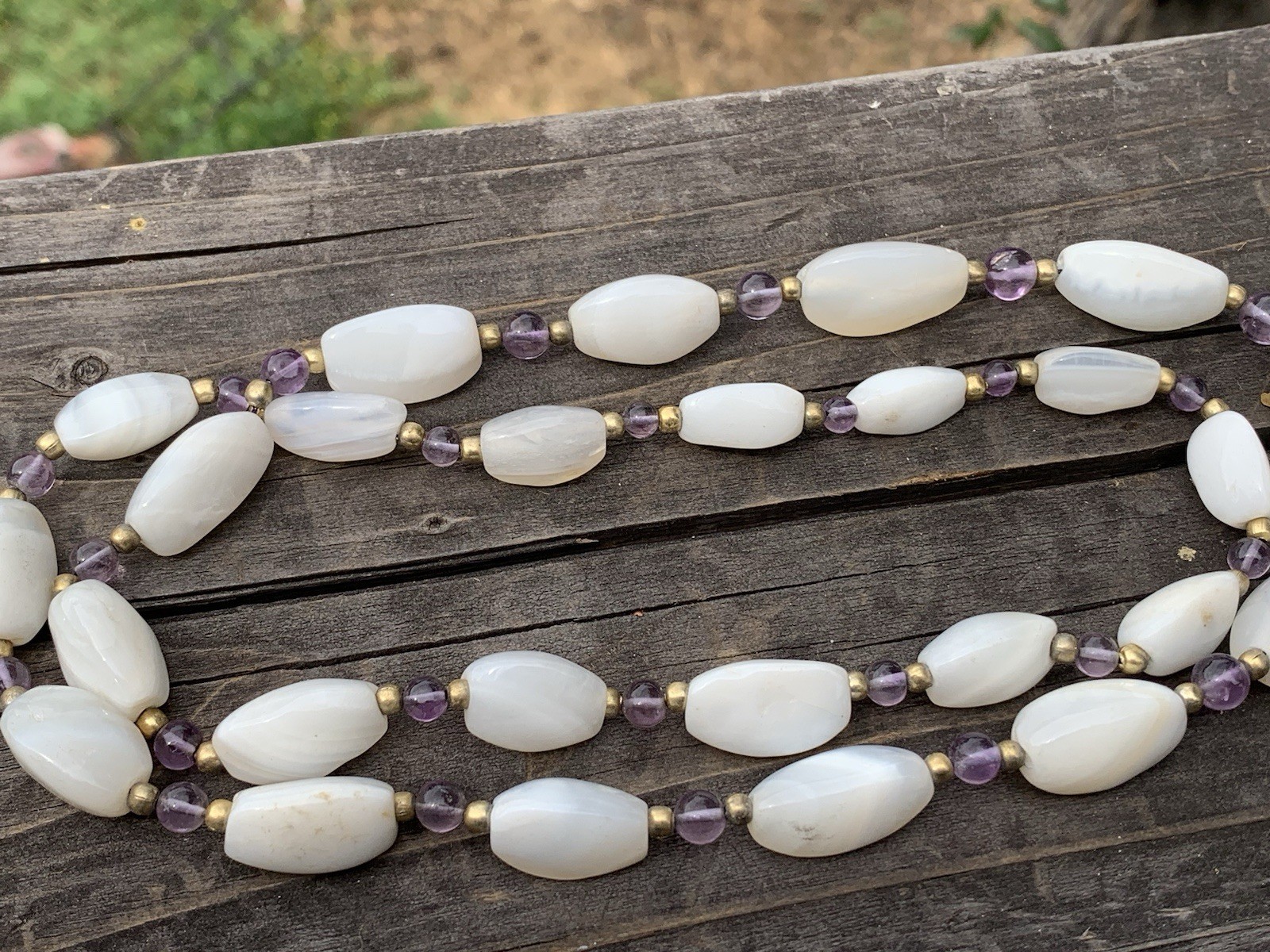 Vintage Necklace Lot-3 Mother of Pearl Green Chips & White Stones w-Purple Beads
