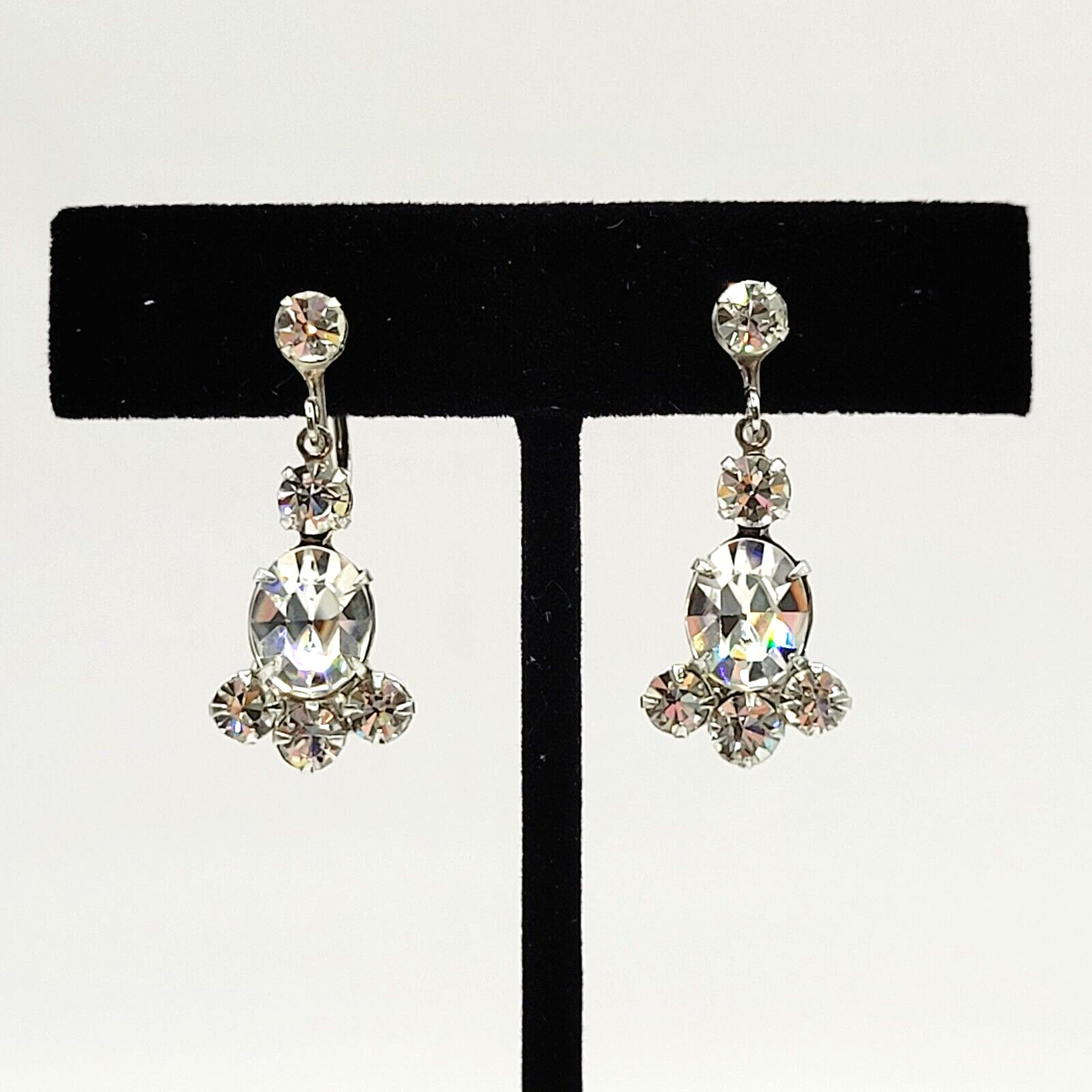 Crystal Rhinestone Cluster Silver Tone Drop Dangle Screw Back Vintage Earrings