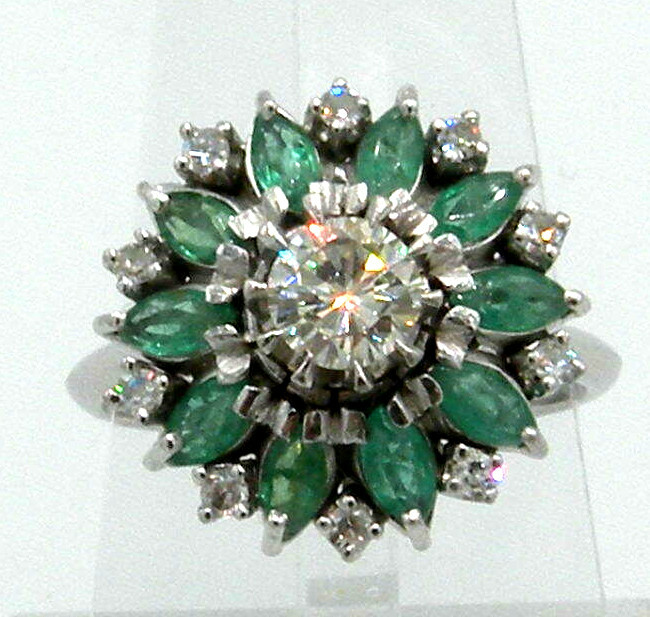 Stunning Cluster in Platinum with Diamonds and Emeralds Ring