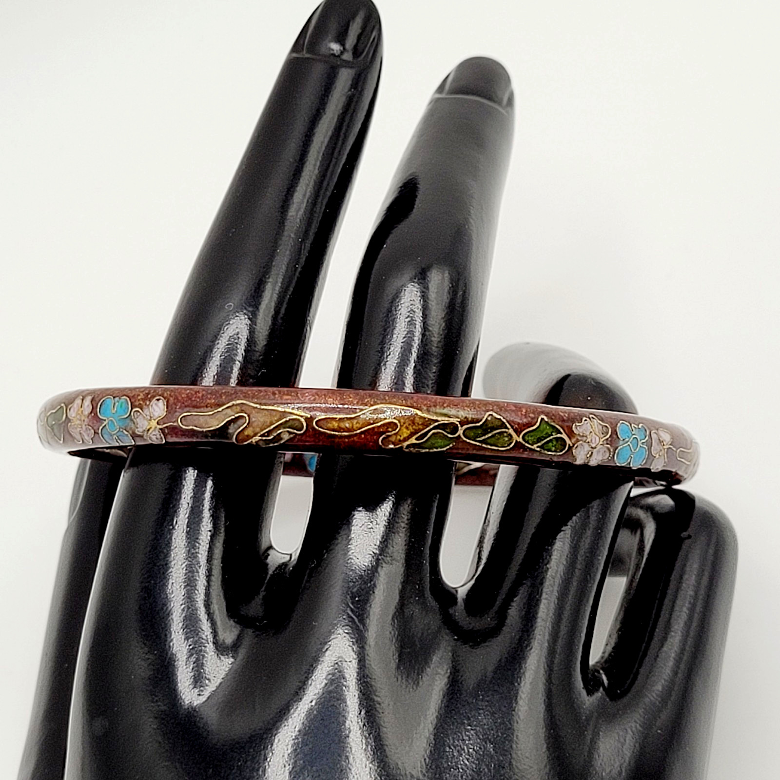 Cloisonné Deep Red Enamel Floral Hand Painted Asian Inspired Bangle Bracelet