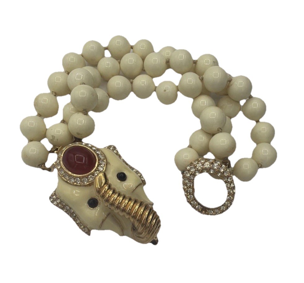 Vintage Ciner Elephant Bracelet Ivory Beads Red Cabochon Gold Tone Rhinestone
