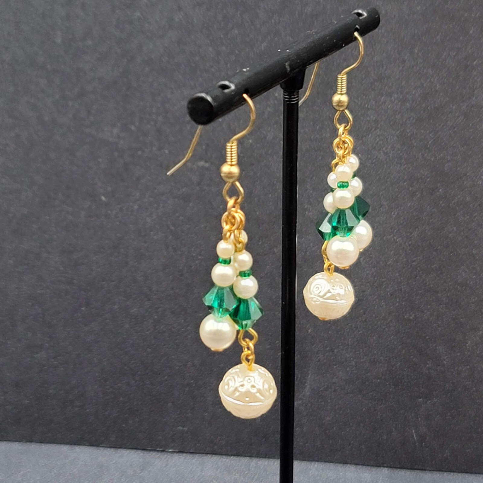 Vintage Pierced Earrings Faux Pearl Green Crystal Beads Dangle 1.5″
