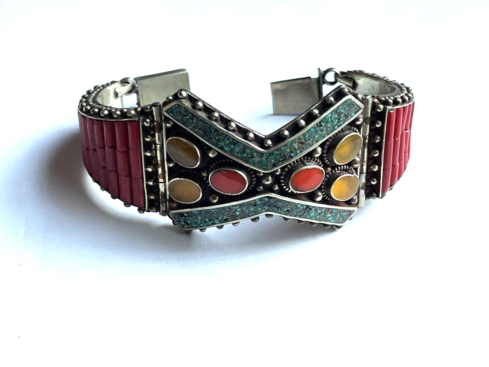 NEPALESE VINTAGE PRE OWNED TURQUOISE CORAL SILVER PLATED HINDGE BRACELET