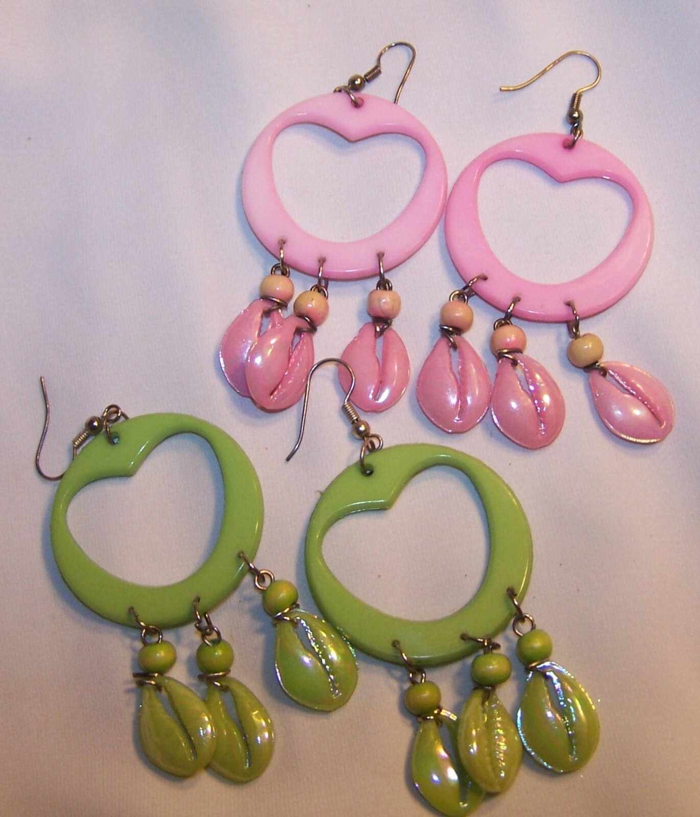 Vintage Plastic Earrings with Dangle Faux Shells-Lot of 2-Lime Green, Pink