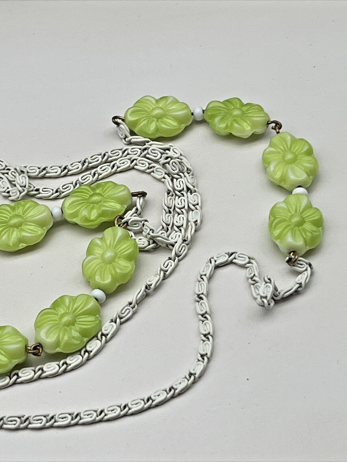 Vtg Flapper Length Poured Glass Gripoix Bead Lime Green Flower MCM Long Necklace