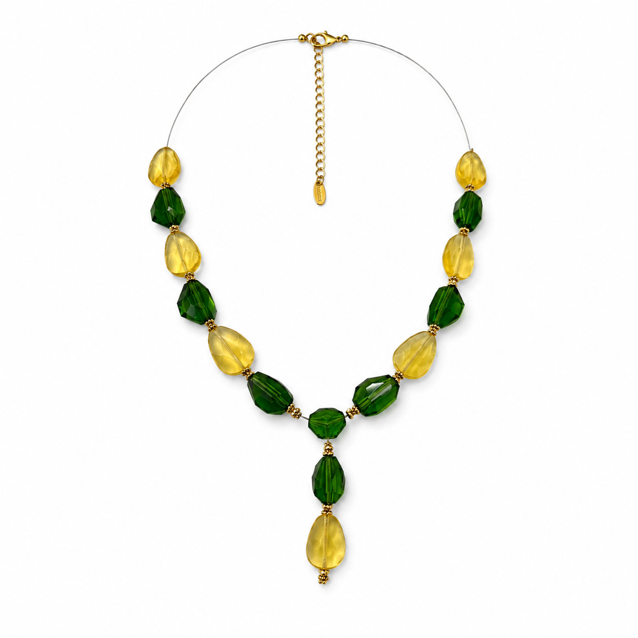 NOS Vintage Latasia Glass Bead Statement Necklace Green Yellow Gold Tone Y