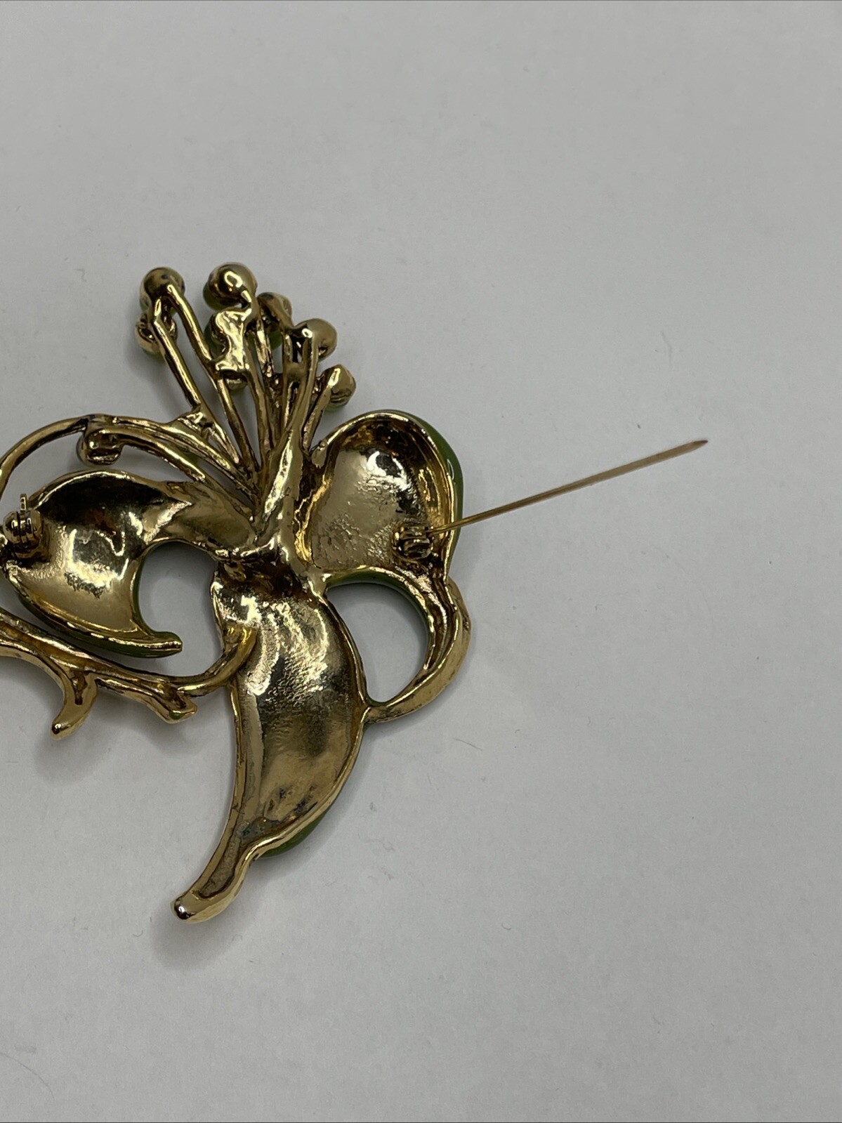Vintage Green Enamel Floral Brooch Pin with Green Rhinestones and Cabochons RARE