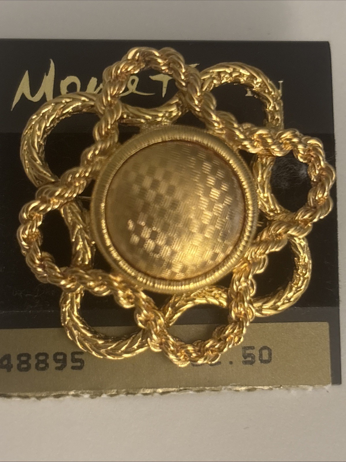 Vtg Monet Gold-tone Rope Knotted Checkered Center Brooch On Original Card