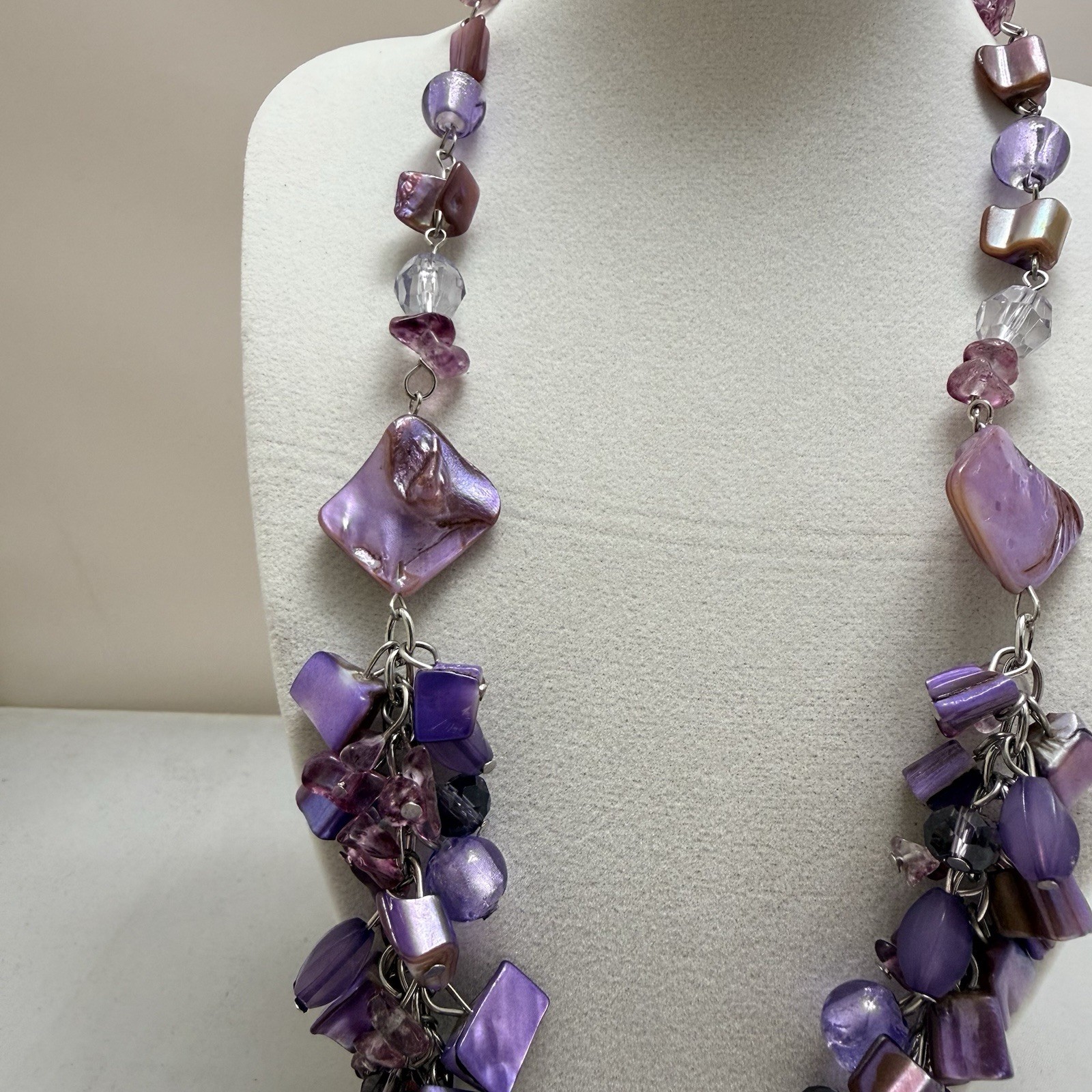 Vintage Purple Statement Necklace Chunky Bib Fringe Shell Glass Beaded Boho NEW