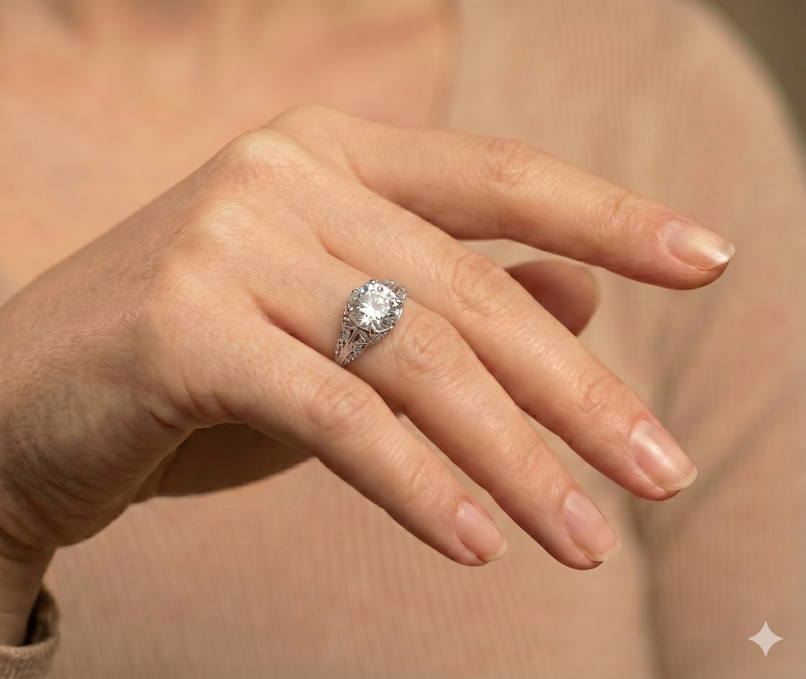Vintage 18k White Gold Engagement Ring 2.75ct Natural Light Champagne Diamond