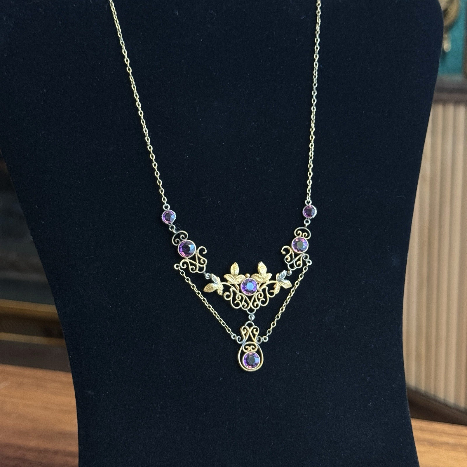 Vintage 12K GF Art Nouveau Revival Festoon Necklace Purple Glass Ivy Leaves