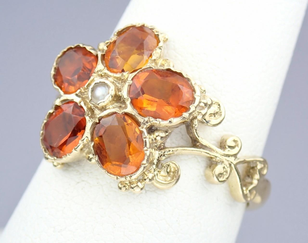 Pretty Vintage Solid 9K Gold Madeira Citrine Pearl Floral Scroll Ring 1971 7.25