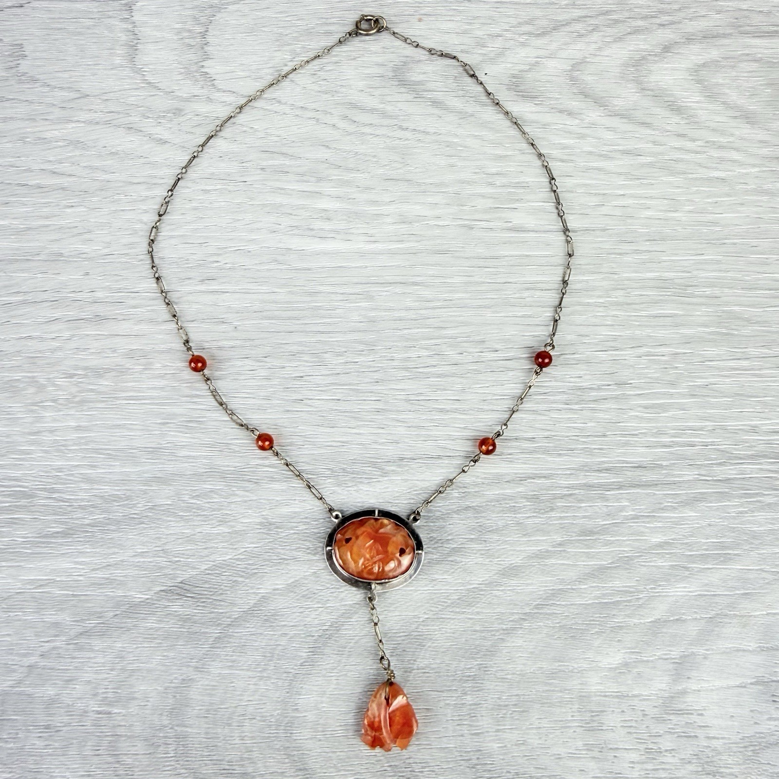 Antique Vintage Carved Carnelian Silver Pendant Necklace Art Deco