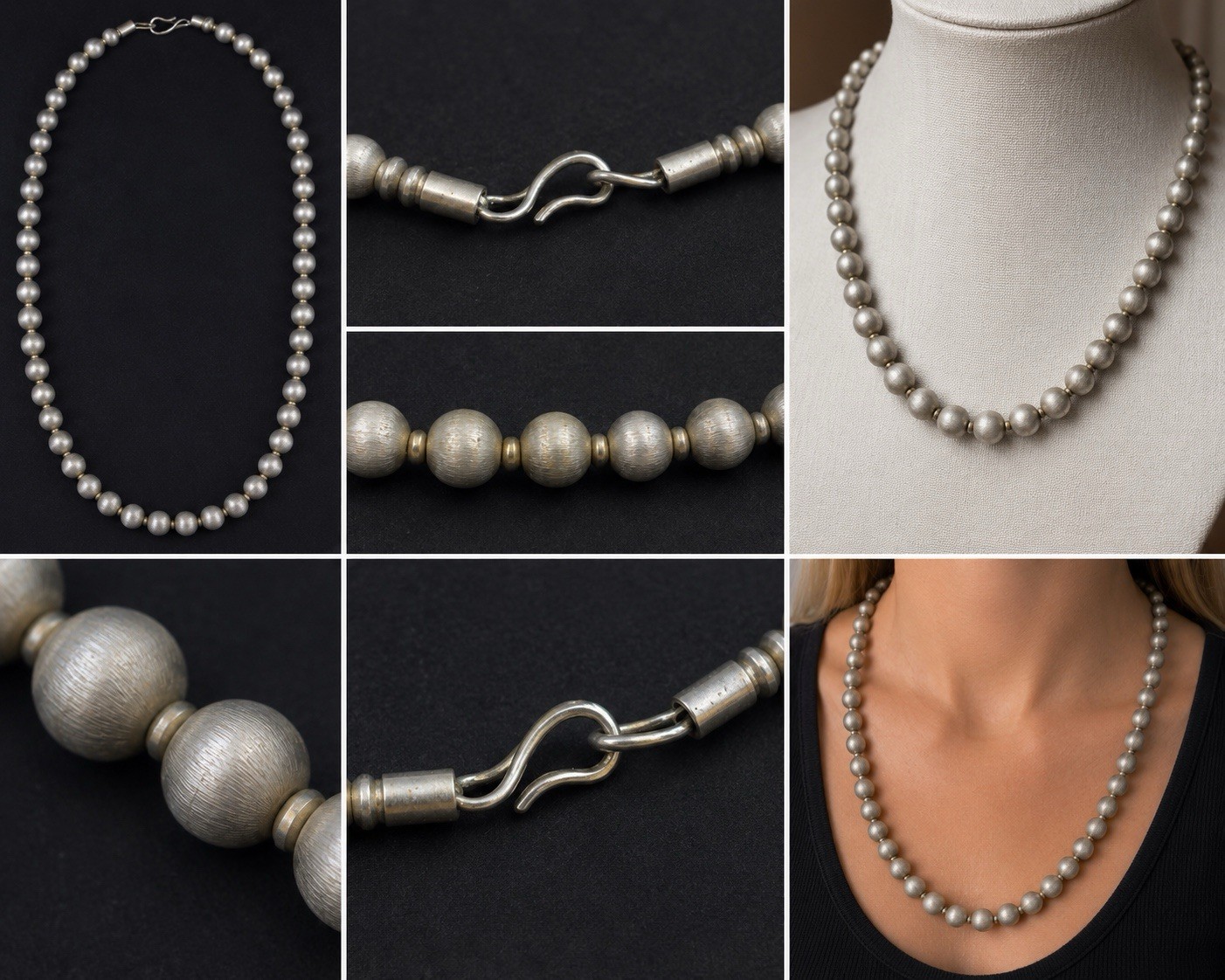 Vintage Mid Century Silver Bead Brushed Satin Finish Necklace Hook Clasp 22”