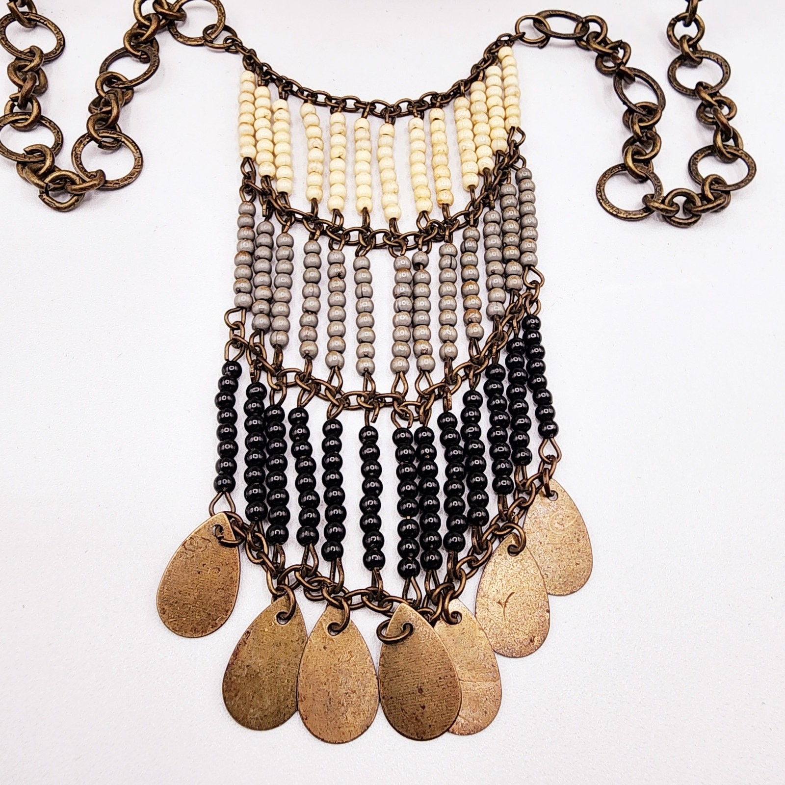 1970s Boho Fringe Beaded Necklace Brass Coin Dangles 38” Long Layering Chain