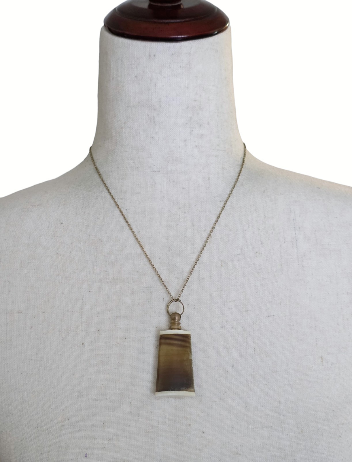 Antique Horn Snuff Bottle Pendant Necklace Brass Perfume Vial Dauber Wand 18″