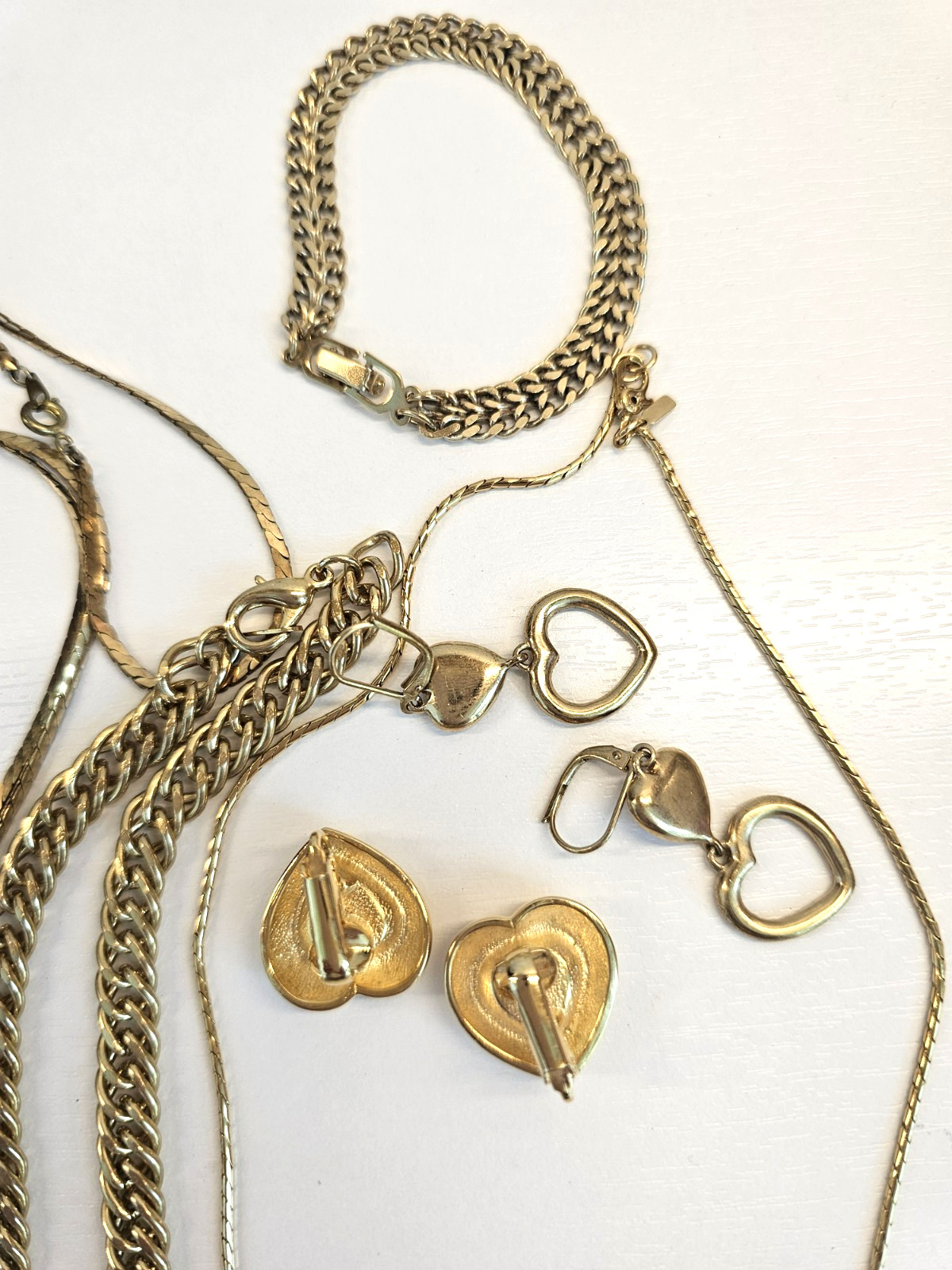 Signed Monet Red Heart Necklace Vintage Gold Tone Rhinestone Jewelry Lot Earring