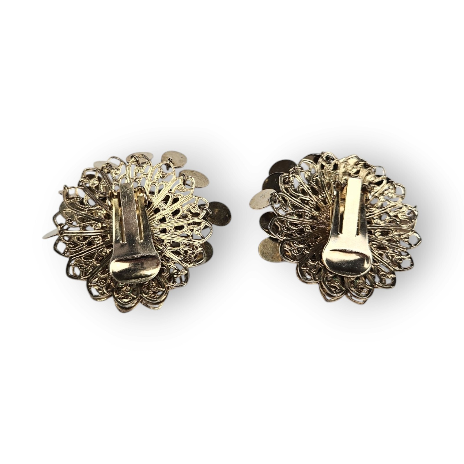 Vintage Filigree Flower Earrings Dangling Fringe Brass Layered Clip On 1.5″ Long