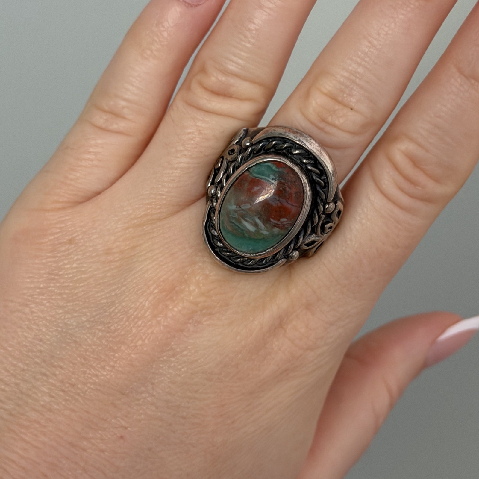 Vintage 925 Sterling Silver Big Bloodstone Southwest Chunky Heavy Ring Sz 10.25
