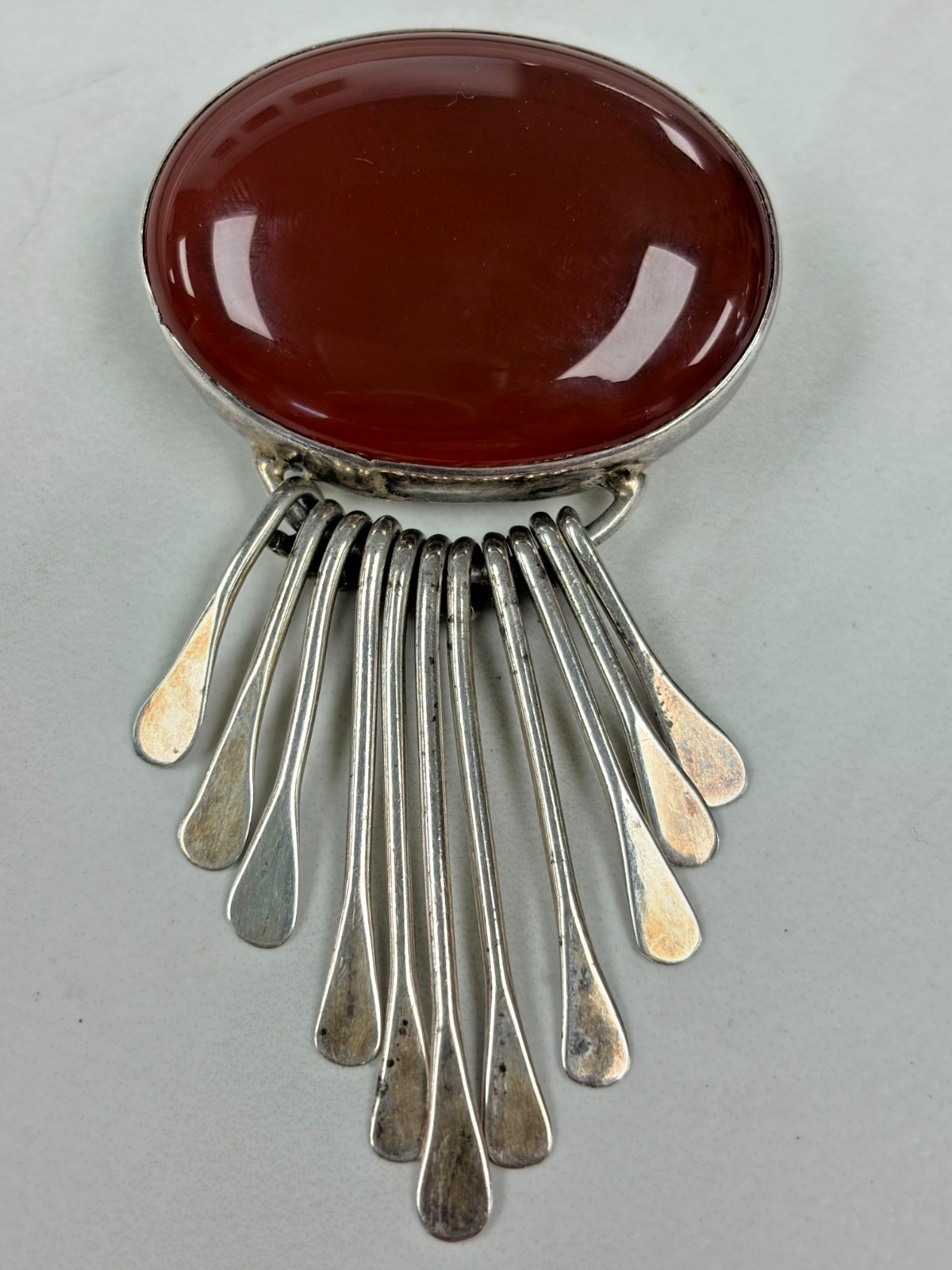 Vintage AIS Mexico Sterling Silver Deep Red Carnelian Cabochon Brooch Pendant