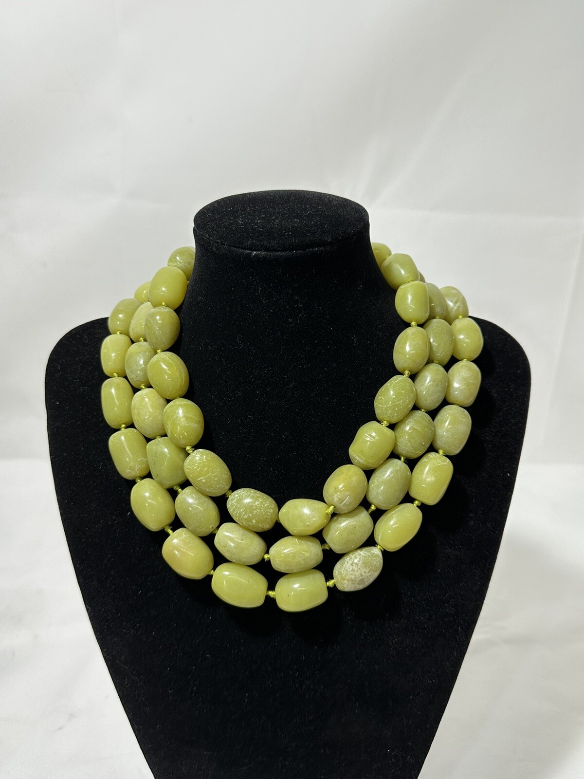 Vintage 3-Strand Olive Jade Nugget Beads Hand Knot 16-inch Choker Necklace