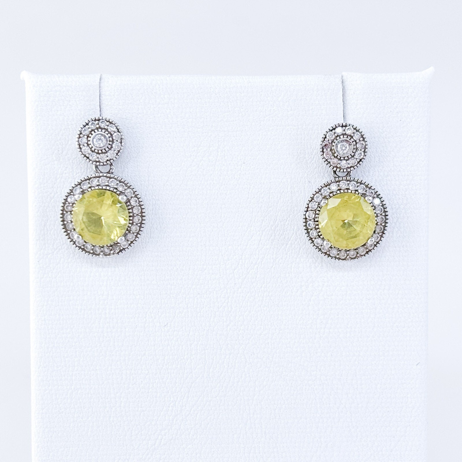 Estate Sterling Silver Citrine Cubic Zirconia Diamond Accent Dangle Earrings