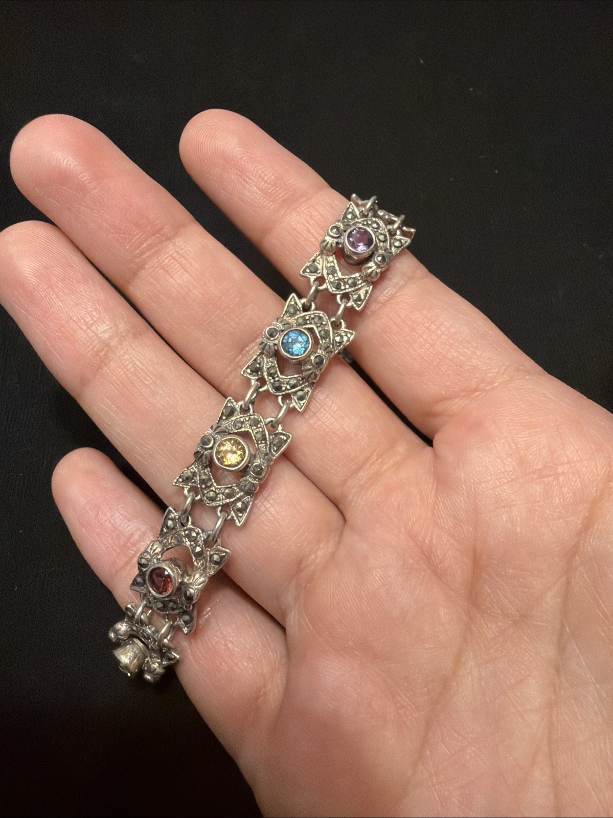 925Sterling Silver Multigemstone Marcasite Vintage Tennis Bracelet And Ring Set