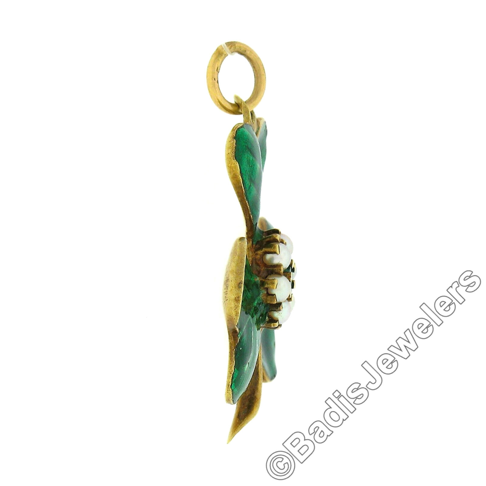 Antique 14k Gold Emerald Pearl Vivid Green Enamel Textured Clover Charm Pendant